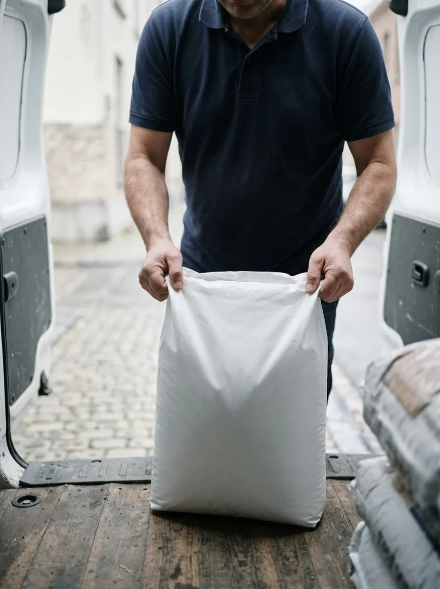 Le livreur KingSalt sort un sac de sel du véhicule