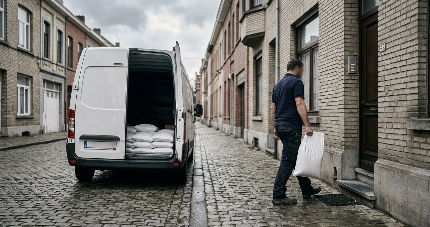 La camionnette KingSalt devant un domicile bruxellois, un sac porté jusqu'à la porte