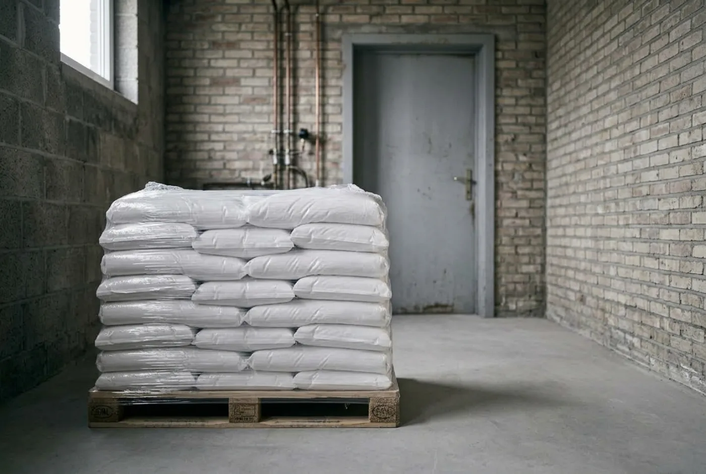 Une palette d'environ 40 sacs de sel, filmée, déposée dans un local technique